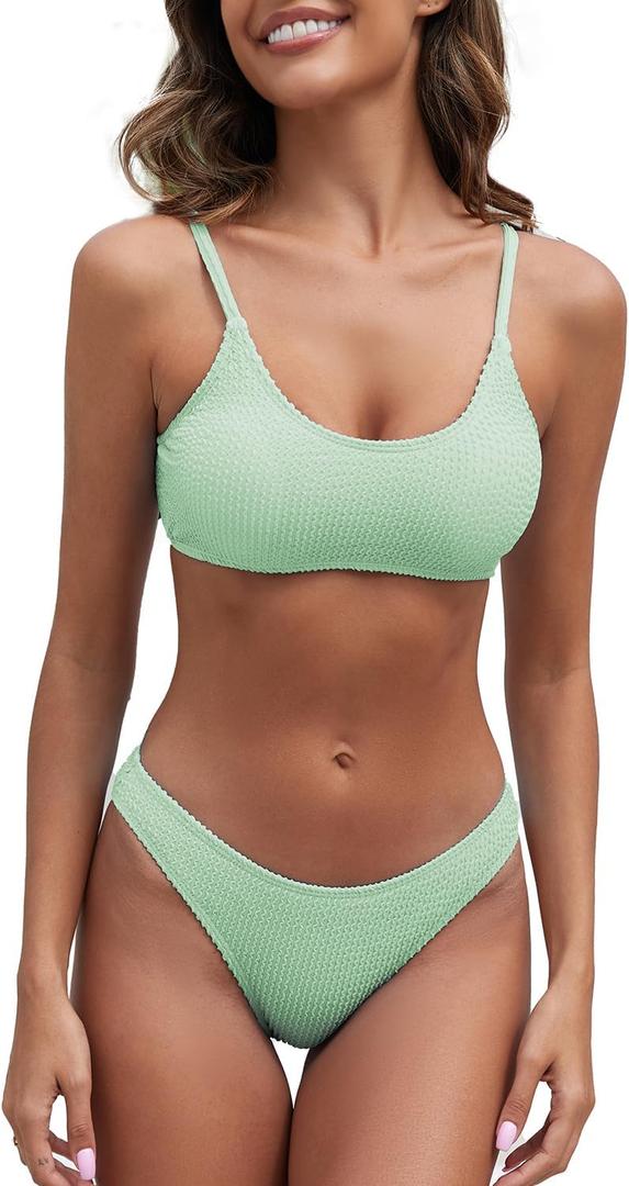 Fanuerg Women's Ribbed Bikini Sets Scoop Neck Cheeky Swimsuit Textured Two Piece Bathing Suit (Light Green, XS)