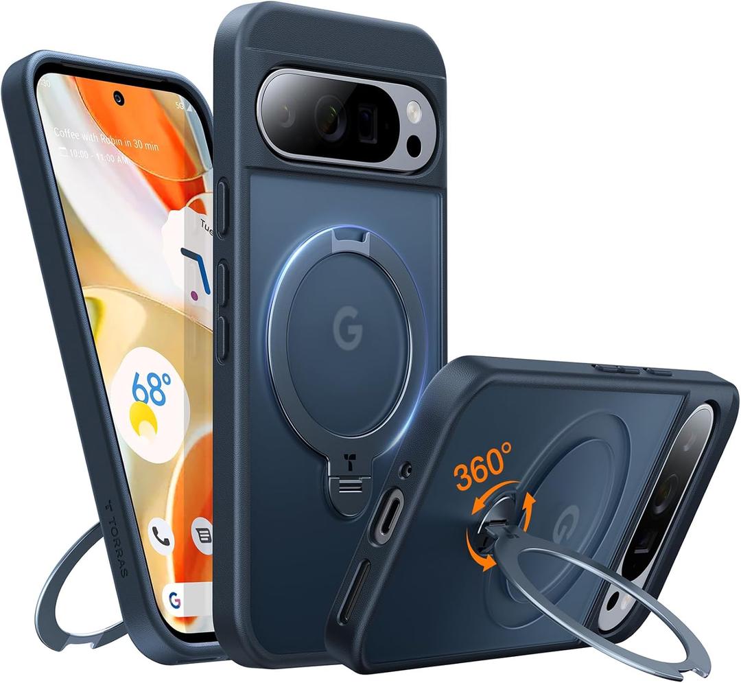 TORRAS 360Spin Magnetic Stand for Google Pixel 9 Pro Case/Pixel 9 Case, 12FT Military Protection, Compatible with Magsafe, Shockproof Translucent Slim Pixel 9 Pro Phone Case with Ring Holder, Black