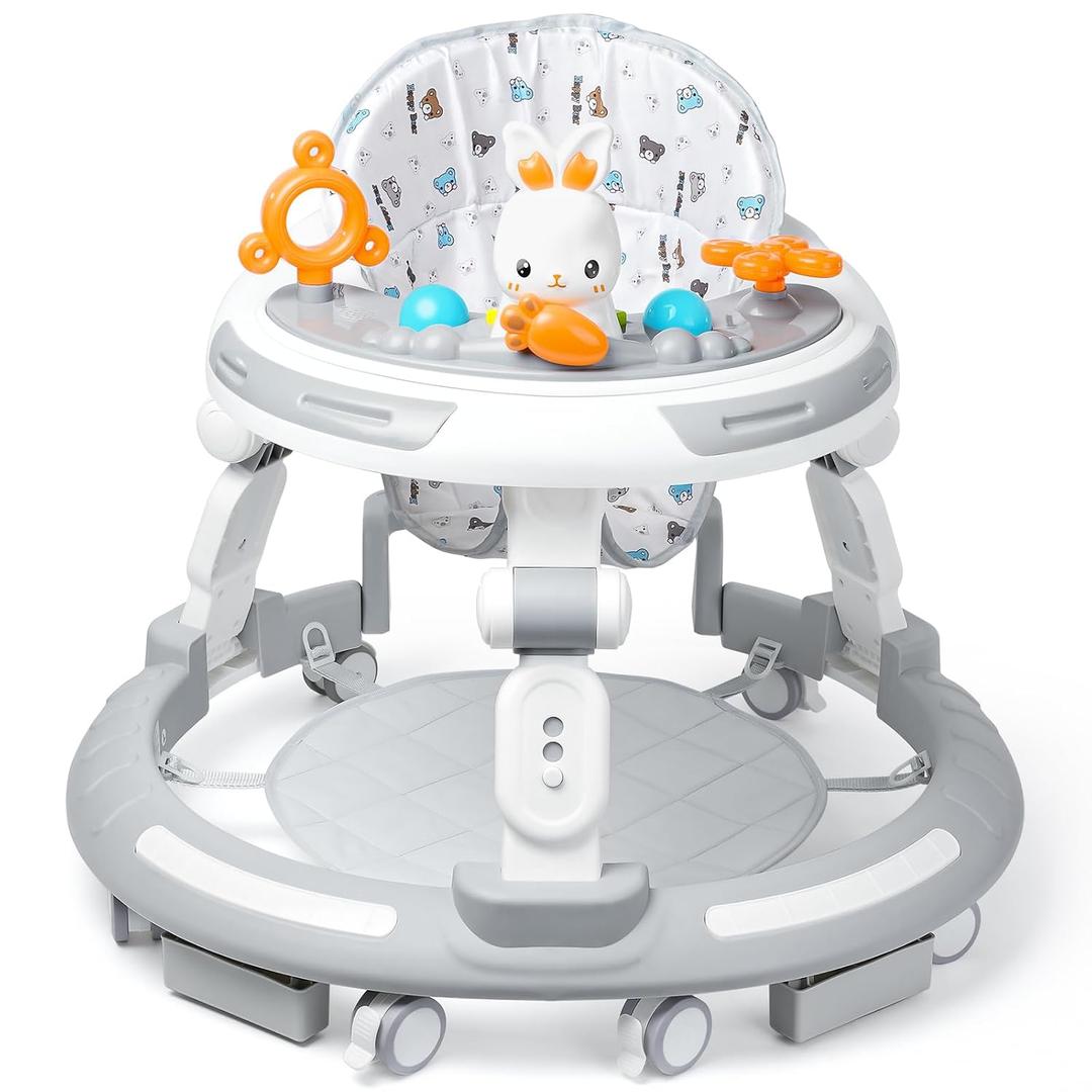 Baby Walker with Wheels - Foldable Baby Walker,Toddler Walker for Baby Girl 6-12 Months, Infant Walker with Adjustable Height, Baby Activity Walker with Toys, Music, Lights, Anti-Rollover,Grey