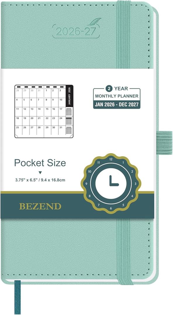 BEZEND Pocket Monthly Planner 2026-2027 (3.5" x 6.5") 2 Year Calendar Book for Purse with Note Pages, 100 GSM Paper, Inner Pocket, Pen Holder, Vegan Leather Hardcover in Mint Green