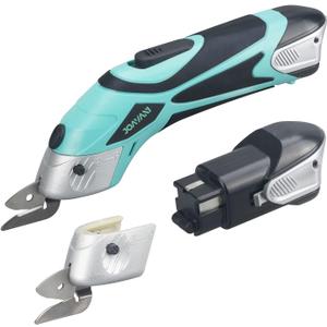 Cordless Electric Scissors for Cutting Fabric, Cardboard, Box Cutter, Carpet. Power Shears for Sewing, Scrapbooking, Crafting (2pc Battery, 2pc Blade - Lower Noise) (Turquoise Green (With X2 Battery))