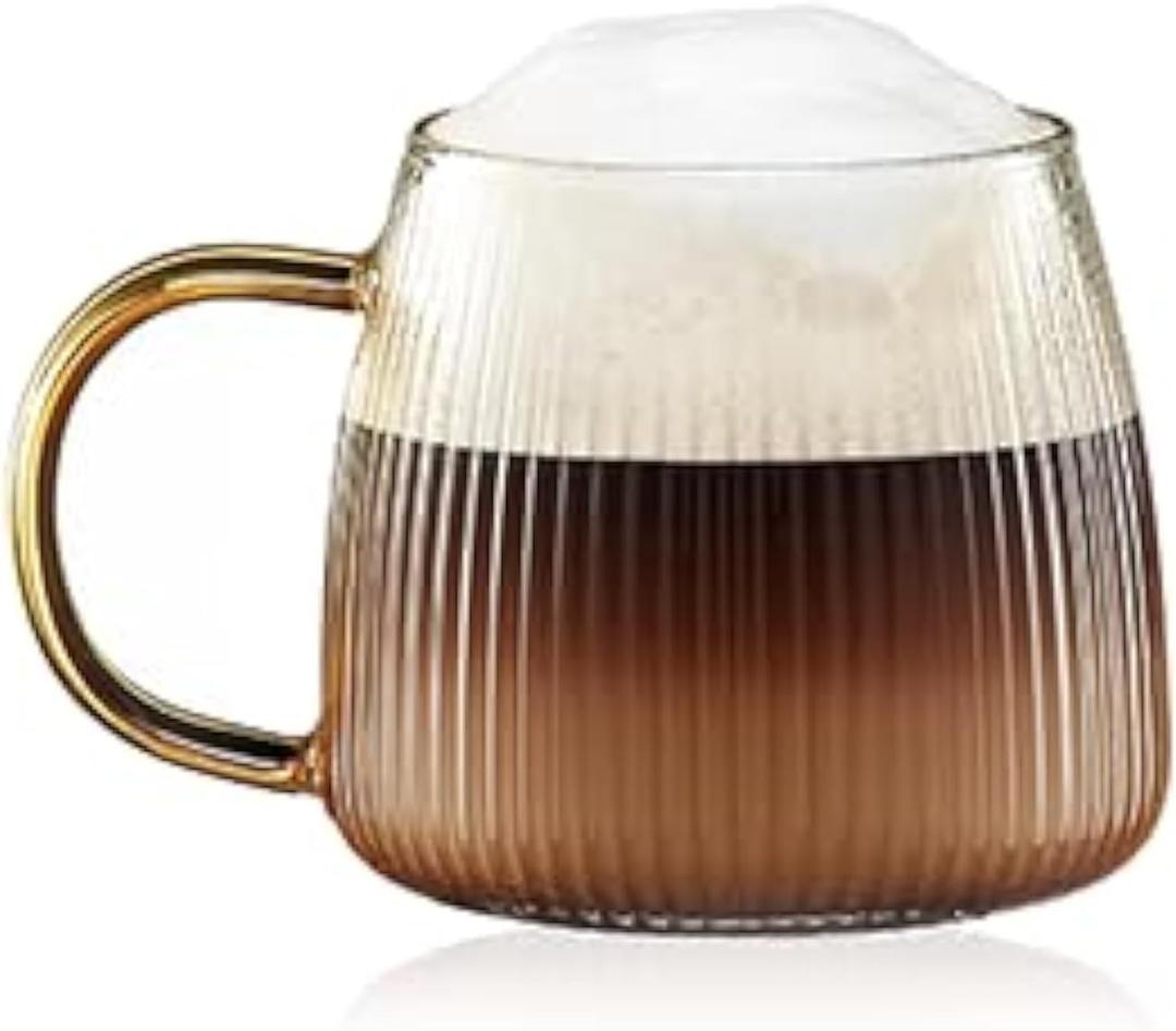 Premium Unique Glass Coffee Mugs Set of 2 Fancy Cups with Stylish Vertical Stripes Pattern - Light Yellow Handle (Clear)