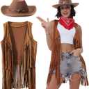 Western Outfits for Women Cowgirl Tassel Sleeveless Vest Cowboy Hat and Paisley Bandana (Large, Brown)