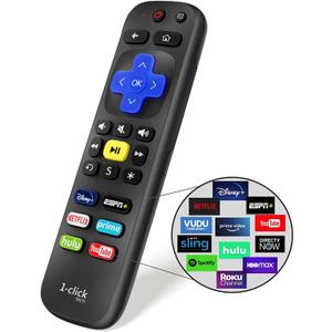1-Clicktech Remote for Roku TVs and Players Express Premiere Ultra [2-in-1 w/TV Power+Volume] [NOT for Roku Stick] Black
