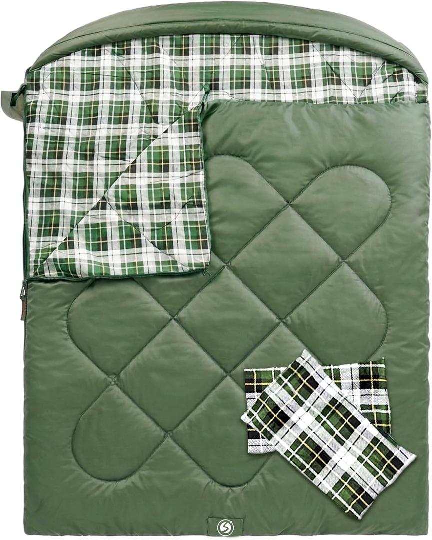 ShinHye Double Sleeping Bag for Adults with 2 Pillows, Camping Sleeping Bags Flannel Cotton 2 Person Sleeping Bags XXL Queen Size Sleeping Bag for Cold Weather (Green1, 92"62")
