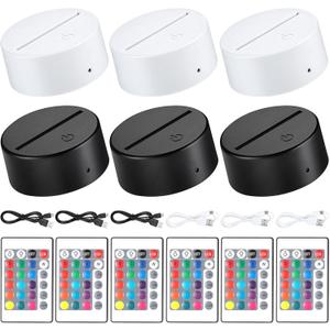 6 Pieces 3D Night LED Light Lamp Base 16 Colors LED Display Base with Remote Control and USB Cable, Christmas Light Lamp Display Acrylic for Restaurant Shop(Small,White, Black)