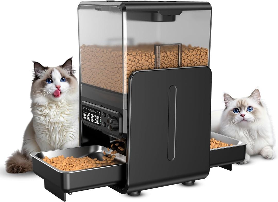 Automatic Cat Feeder for 2 Cats, 5L/20 Cups Food Dispenser with Adjustable Raised Double Bowls, Detachable Control Panel, Timed Cat and Dogs Feeder for Dry Food, Dual Power Supply