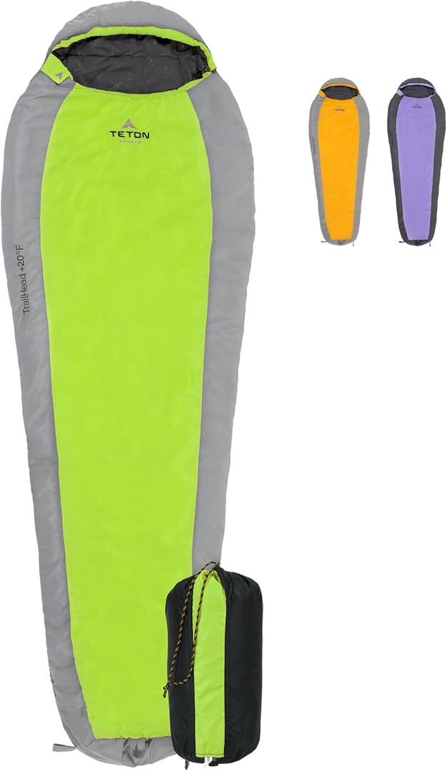 Teton 20F and 5F Degree Sleeping Bag; Lightweight, Warm Weather Mummy Sleeping Bags for Adults and Kids, Camping, Backpacking, Hiking (Green)