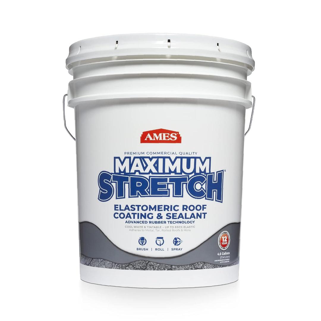 Ames Maximum Stretch - Waterproof Sealant Membrane - Perfect For Roofing, Repairs, Concrete, EPDM & Wood - Liquid Rubber Sealer - Up To 650% Elastic - Made in USA, White, 4.6 Gallon (Pack of 1)
