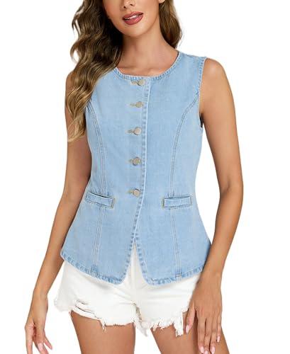 Ladyful Womens Denim Vest Top Button Down Jean Vest Tank Tops Sleeveless Crewneck Jean Waistcoat with Pockets, Light Blue-1, Large