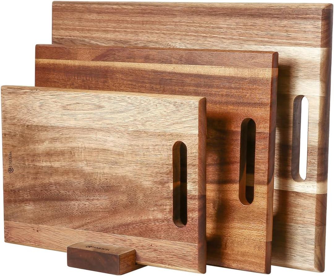 3-piece Acacia Wood Cutting Board Set for Kitchen, Large Wooden Cutting Board Set with Handle, Thick Chopping Board, Butcher Block Wooden Trays for Meat, Fruit Vegetable and Cheese, 16"x12"