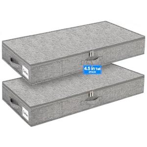 punemi 4.5 Inch Tall Under Bed Storage Containers,Low Profile Underbed Clothes Storage Bin with Sturdy Side & Bottom Support, Use as Clothes Organizer, Pillow and Blanket Organizer, 2 Pack, Grey