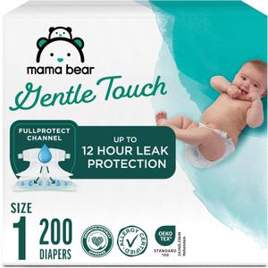 Amazon Brand - Mama Bear Gentle Touch Baby Diapers, Size 1, Leak Protection, Wetness Indicator, Umbilical Cord Cutout, 200 Count (4 packs of 50)