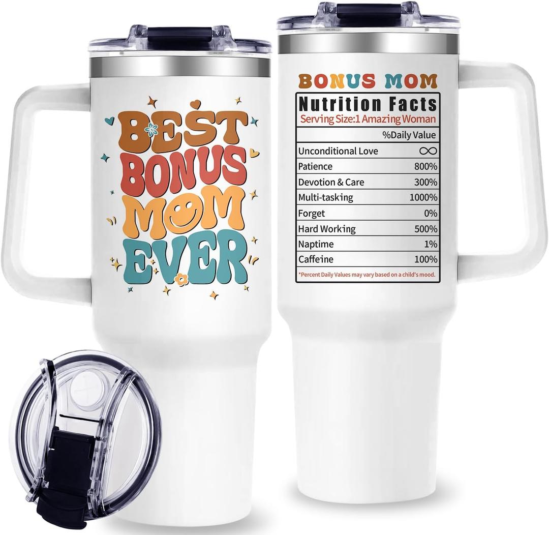 Bonus Mom Tumbler with Handle, Bonus Mom Gifts - 40 oz Best Moms Cups Tumbler with Straw and Lid - Unique Mother In Law Birthday Gift for Mothers Day Christmas for Step Moms Gifts