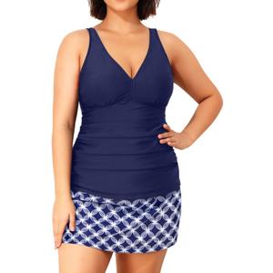 Daci Women Plus Size Tummy Control Tankini with Skirt Two Piece Bathing Suits V Neck Swimsuits (Navy Blue, XL)