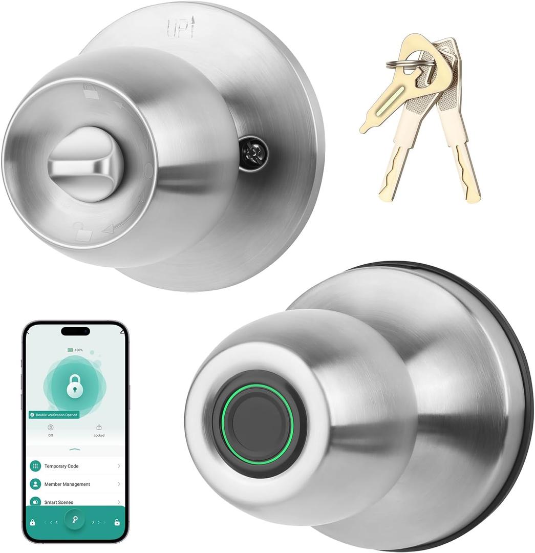 Smart Fingerprint Door Knob, 3-in-1 Keyless Entry with Auto Lock & App, Biometric Digital Lock for Front Door, Home, Office, Bedroom