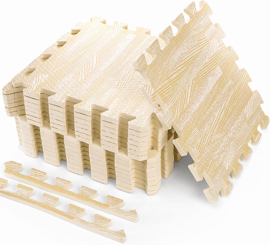 Tebery 16 Pieces Printed Wood Grain Floor Tiles 3/8-Inch Thick EVA Foam Puzzle Floor Mat