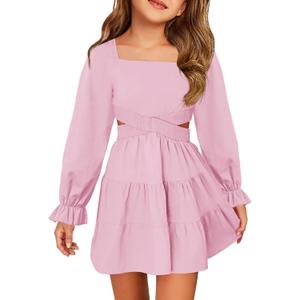 Haloumoning Girls Dresses Long Sleeve Square Neck Crossover Waist Casual A-Line Spring Fall Dress 5-14Y (Pink)