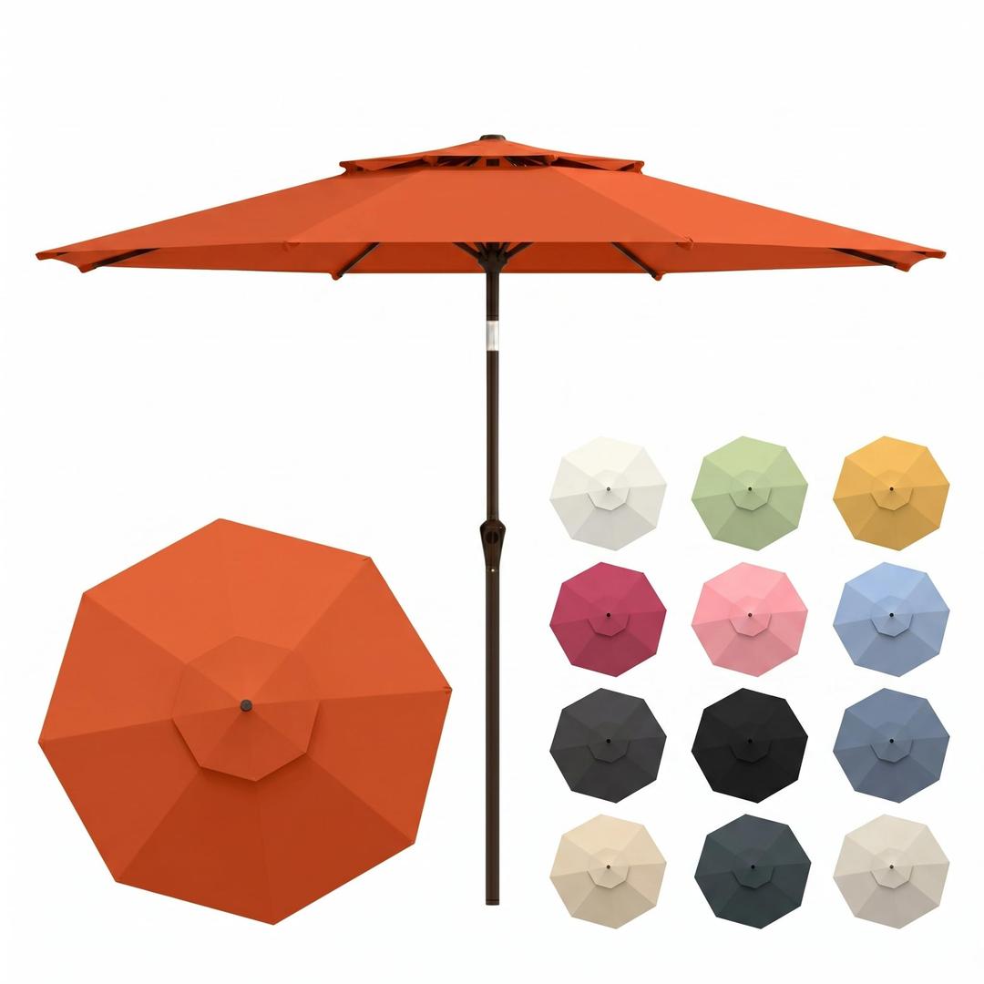 Patio Kingdom 10FT Patio Umbrella, 2 Tier Outdoor Table Umbrella, Large Vented Market Umbrellas with Push Button Tilt and Crank, 8 Sturdy Ribs for Backyard, Deck, Pool, UPF50+ UV Protection, Orange