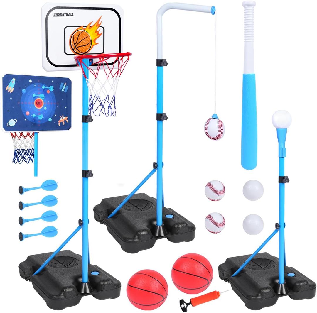4 in 1 Kids Basketball Hoop Indoor, Basketball Hoop for Kids with Dart Board & T Ball Set & Hanging Baseball Pool Basketball Hoop Indoor & Outdoor Toddler Outdoor Toys Birthday Gifts for Boys Girls