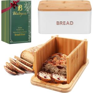 Bamboo Bread Slicer for Homemade Bread with Crumb Tray & Storage Box  Adjustable Slicing Guide for Sourdough, Bagels & Sandwiches  Gift for Bakers & Bread Makers (White)