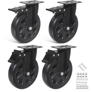 Heavy Duty Casters Set of 4, 6 Inch Swivel Caster Wheels with Brake, Large PVC Wheels for Workbench, Warehouse Equipment, CNC Machine Mobility (Hardware Included)