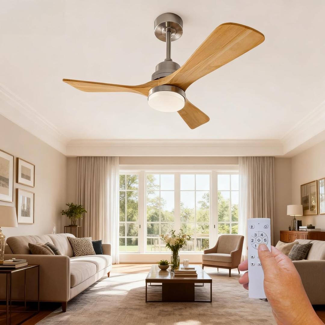 36 Inch Wooden Ceiling Fan with Light, Solid Wood Blades & LED Lighting, 6-Speed Reversible Motor, Remote Control, Quiet Indoor Ceiling Fan for Bedroom, Living Room, Kitchen - Natural Wood