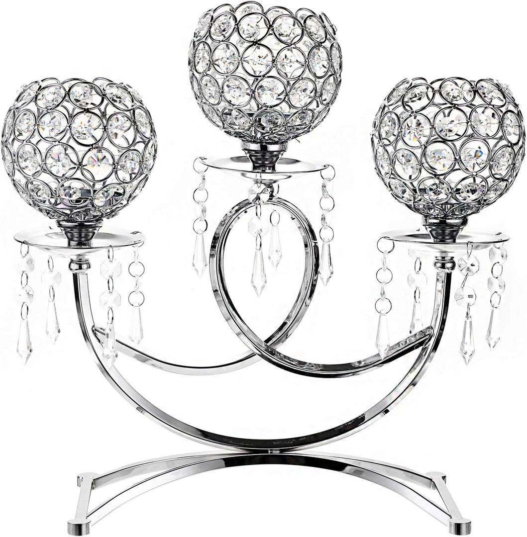 OwnMy 3 Arms Crystal Candle Holders Bowls Tealight Candelabras Candlestick Candle Stand Ornaments for Wedding Dining Table Christmas Party Home Decoration Centerpiece (Silver)