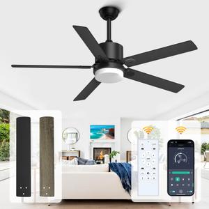 Alescu Black Ceiling Fans with Lights - Outdoor Ceiling Fan with Remote/APP Control, 52 Inch Modern Ceiling Fan for Patio, Bedroom Living Room