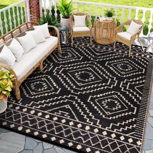 Wonnitar 9x12 Outdoor Rug, Large Waterproof Reversible Plastic Straw Rug for Patios, Indoor/Outdoor Area Rug Lightweight Camping Rug for Outside RV Balcony Garden Deck, Black & Beige