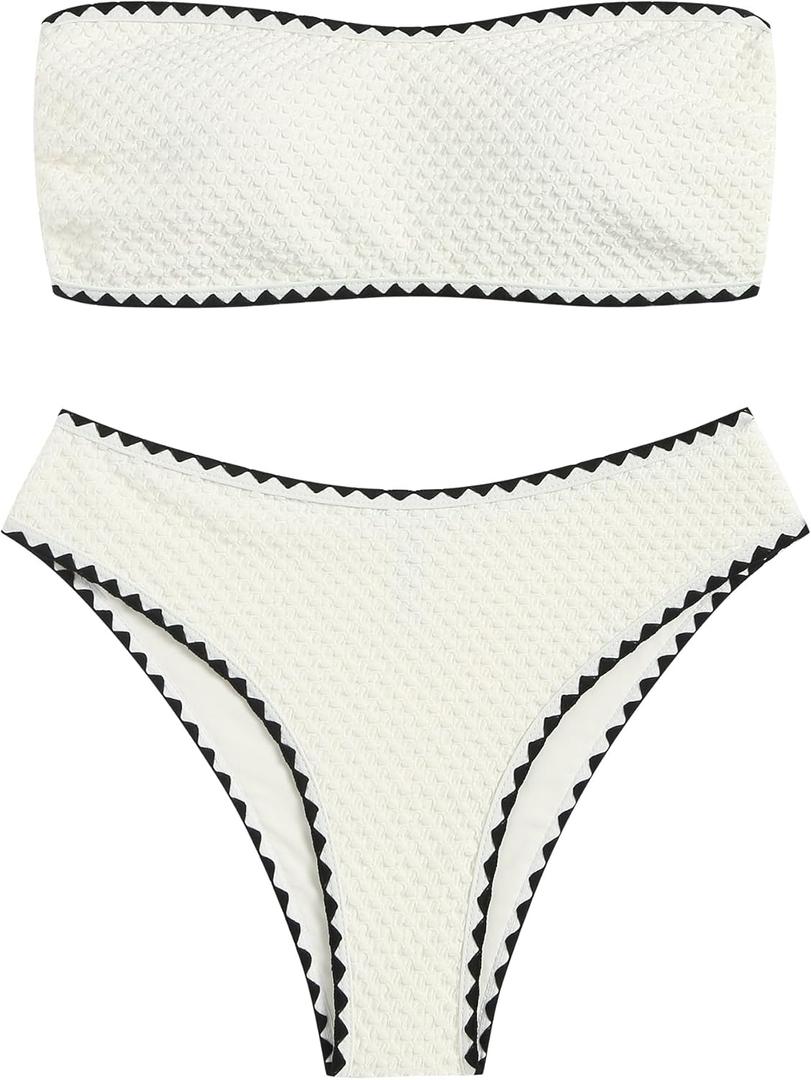 ZAFUL Women's Strapless Bandeau Bikini 2 Piece Swimwear Cheeky Solid Pom Bathing Suits(9-Beige, L)