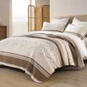 Quilt King Size - Brown White Quilt Set with Matching Shams, Vintage Floral Design Farmhouse Bedding Bedspread, 3 Pieces 100% Cotton Lightweight Coverlet Home Decor for All Season