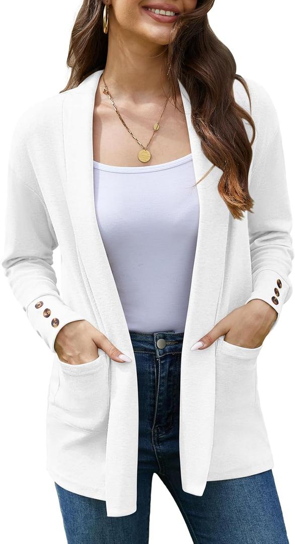 Open Front Cardigan for Women Long Sleeve Work Dressy Casual Loose Knit Ladies Cardigans with Pockets 2025 Fall (White, M)