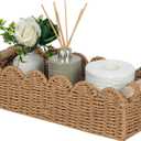 Upgraded Paper Rope Scalloped Edge Toilet Paper Storage Basket, Small Living Room, Bedroom Decor Baskets for Over Toilet Storage Shelf, End Table, Shelves and More, with 2 Wooden Handle (Neutral)