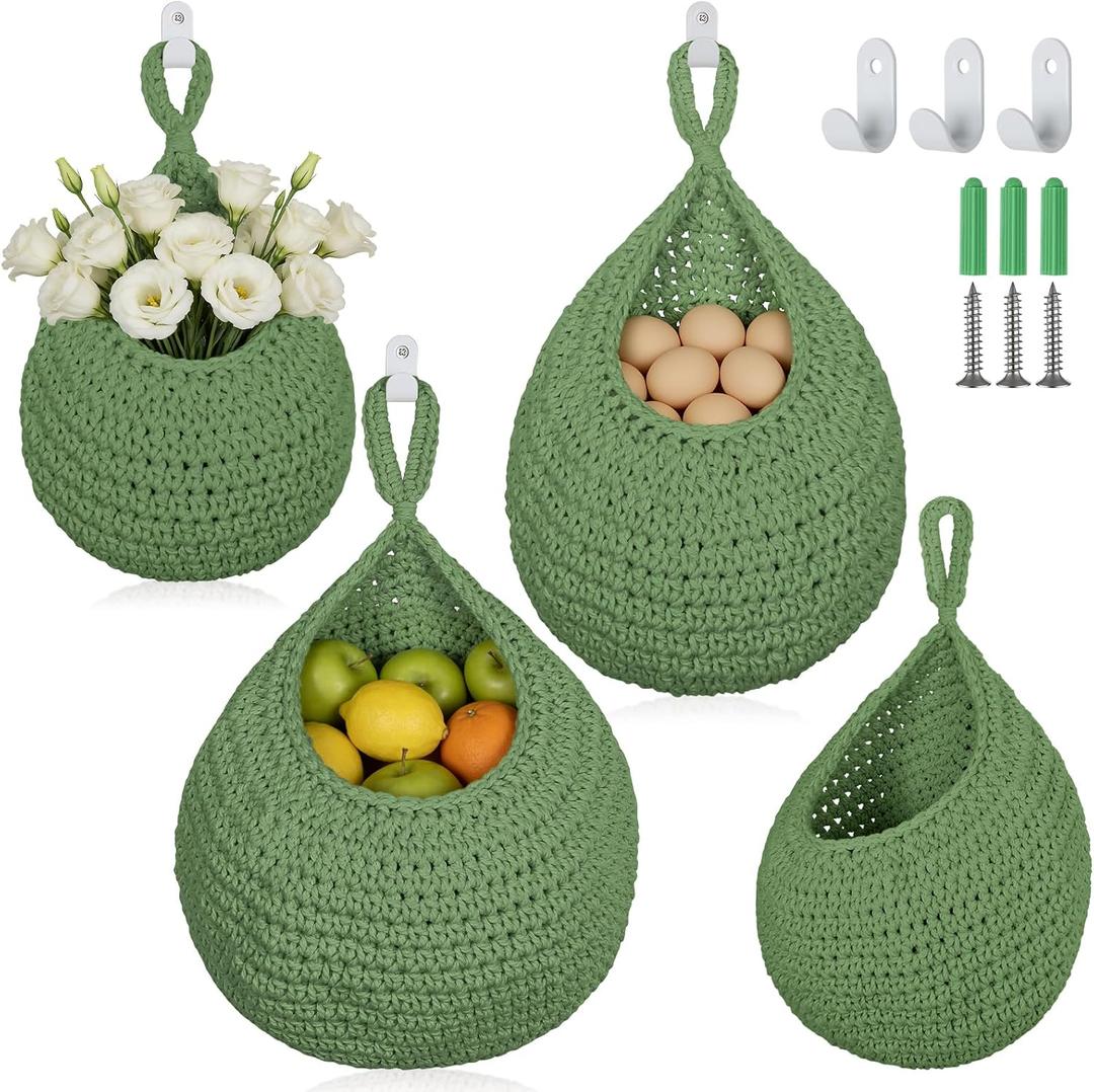 3 Pack Boho Hanging Fruit Baskets,Woven Cotton Teardrop Wall Baskets,Green | Hanging Baskets for Kitchen Organizing,Produce Holder with Metal Hooks,Wall Fruit Vegetable Potato Onion Storage,3 Sizes