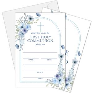 First Holy Communion Invitation Card, Blue Floral Baptism Invitations For Girls Boys, Christening Fill In Invites, Religious Celebration Decorations Baby Shower Supplies, 04