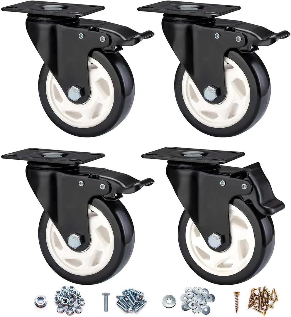 Heavy Duty Locking Caster Wheels with Brake, Non-Marking Swivel Casters Set for Cart & Furniture, 4 Inch Set of 4 / Black