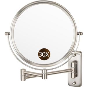 ALHAKIN 1X/30X Wall Mounted Makeup Mirror, 8 Inch Double Sided Magnifying Mirror for Wall, Bathroom Makeup Mirror with 360 Rotation Extendable Swivel Arm, Nickel