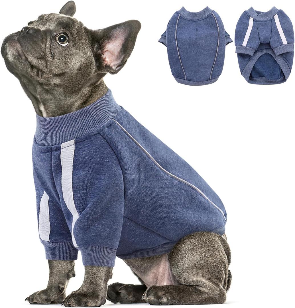 Queenmore Fleece Dog Sweater for Male Dogs, Soft Pullover Dog Sweatshirt with Leash Hole/Reflective Stripes  Cozy Winter Fleece Jacket for Small Medium Large Boy Puppy, Blue L