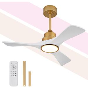 42 Inch White and Gold Ceiling Fans with Lights and Remote, 3 Solid Wood Blades, 6 Speeds, Quiet DC Motor, Dimmable LED, Modern Gold Ceiling Fan for Indoor Bedroom,Living Room,Patio
