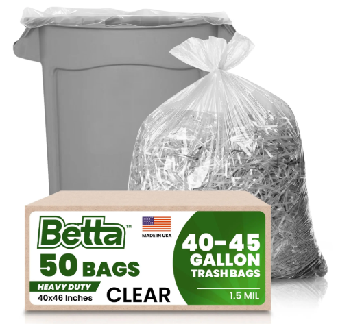 Betta 40-45 Gallon Clear Trash Bags, 50 Count Box, (40x46-inch) Commercial Heavy-Duty Garbage and Recycling Can Liners for 32-44 Gallon Round Cans, 25-35 Gallon Slim and Square Cans