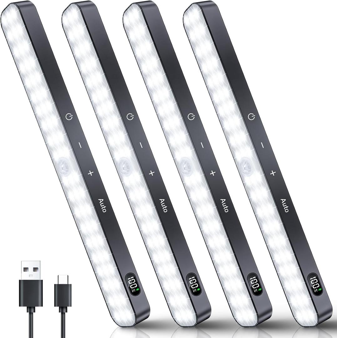 Ferswe Closet Lights Motion Sensored, Battery Level Display, Under Cabinet Lights Rechargeable, Dimmable Touch Control, 60 LED Motion Sensor Cabinet Light for Kitchen, Closet, Shelf(4 Pack) (Cool White 6000K)