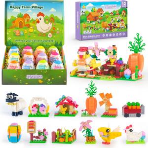 Easter Gifts Building Set for Kids -12-in-1 Happy Farm Village Building Toy with Prefilled Eggs, Easter Basket Stuffer & Decorations for Boys & Girls 6+, with Farm Animals, Hen & Carrot House