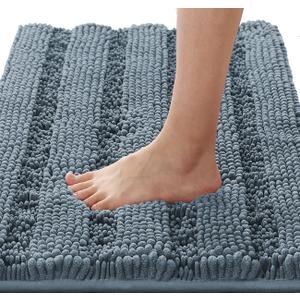 H.VERSAILTEX Bath Mats for Bathroom Non Slip Luxury Chenille Striped Bath Rug Absorbent Non Skid Fluffy Soft Shaggy Rugs Washable Plush Carpet Mats for Bath Room, Tub (20" x 32", Stone Blue)