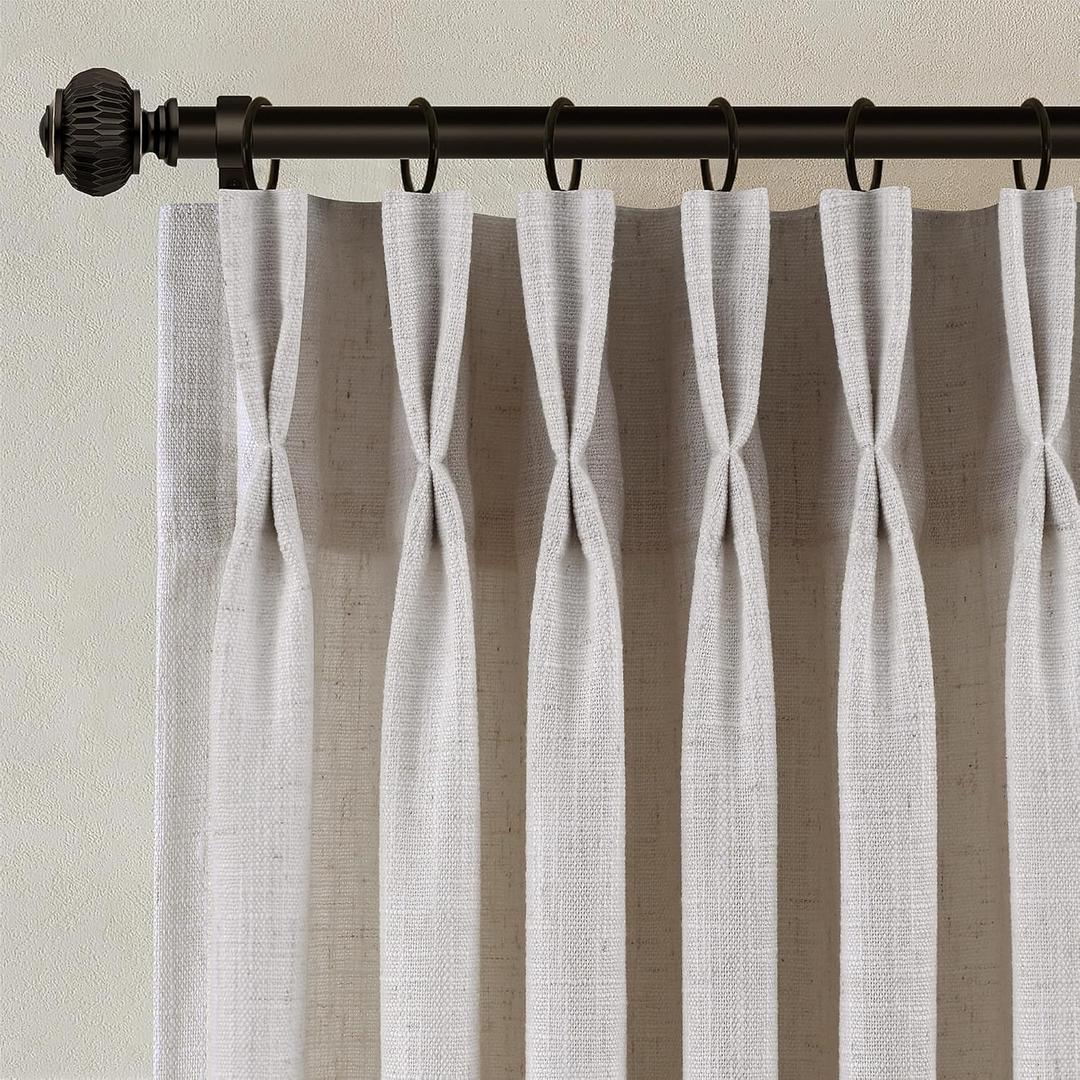 Pinch Pleated Linen Curtains 90 Inches Long 2 Panels for Living Room Bedroom Light Filtering Curtain Memory Shape Trained Pinch Pleat Thick Linen Drapes Back Tab with Hooks Clip Rings Taupe