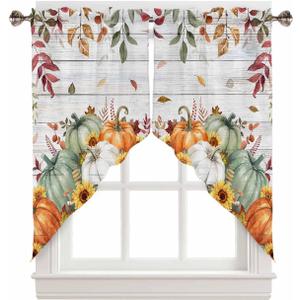 Fall Pumpkin Swag Valances for Windows Thanksgiving Valance Curtains, Wood Kitchen Curtain Sets Rod Pocket Kitchen Window Curtain Over Sink, Swag Curtains for Living Room Bedroom, 28x36inch,2 Panels (Green Gray)