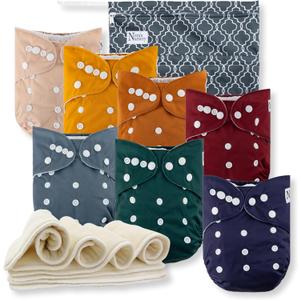 Nora's Nursery Cloth Diapers 7 Pack with 7 Inserts & 1 Wet Bag - Waterproof Cover, Washable, Reusable & One Size Adjustable Pocket Diapers for Newborns and Toddlers-Pacific Neutrals
