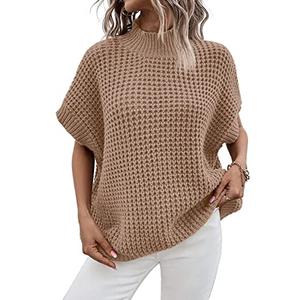 Viottiset Women's Oversized Batwing Sleeve Mock Neck Sweater Vest Sleeveless Pullover Knit Sweaters Khaki L
