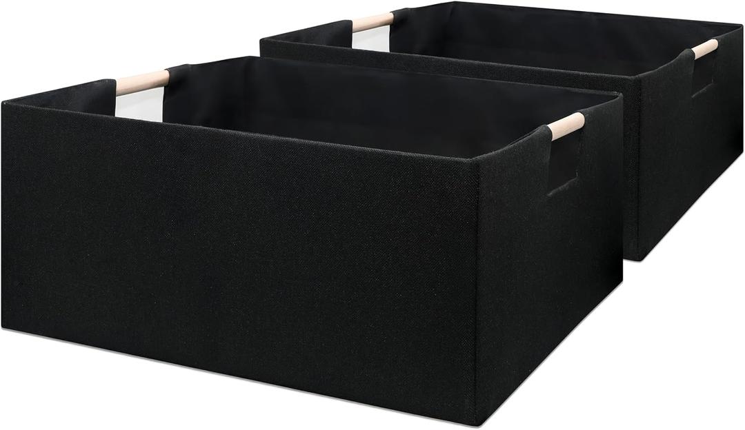 Foldable Fabric Storage Cubes, 2 Packs Cloth Storage Baskets with Wooden Handles, Collapsible Shelf Closet Organizer Bins, Rectangular Storage Boxes for Decor (Black 2 Pack)