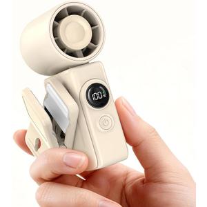 Portable Clip-On Mini Fan, Hands-Free, Turbo Personal Handheld Fans Rechargeable w/ 4 Wind & LED Display, Pocket Size Summer Cooling Essentials for Travel/EyeLash/Beach/Concert, Gifts for Women(Ivory)